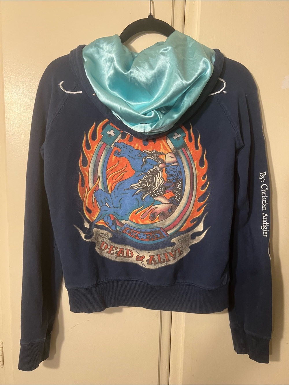 Ed Hardy Navy Jean Jacket with Light Blue Satin Lining